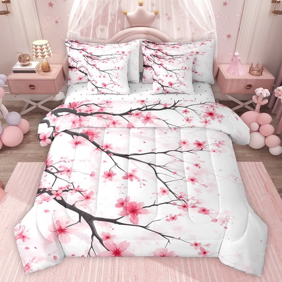 jejeloiu Cherry Flowers Bloddom 7-Piece Twin Bedding Sets,Rustic Plant Bedding Comforter Set,White Pink Sheet Sets For Kids,Super Cozy Room Decor Reversible