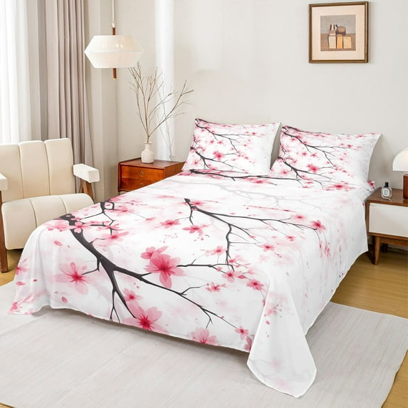 jejeloiu Cherry Flowers Bloddom Bed Sheets,Rustic Plant King Sheets,White Pink Sheet Set For Kids,Super Cozy Room Decor,4-Piece