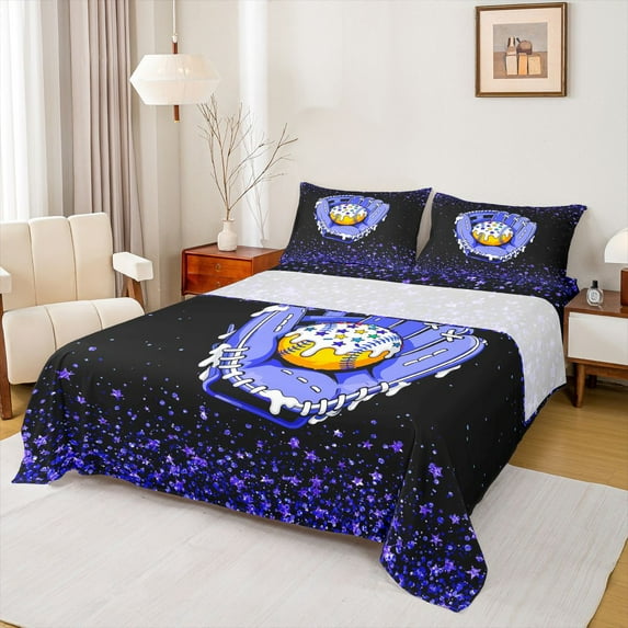 jejeloiu Chic Baseball Glove Queen Sheet Sets,Purple Sequin Print Bed Set For Boys Teens 4-Piece