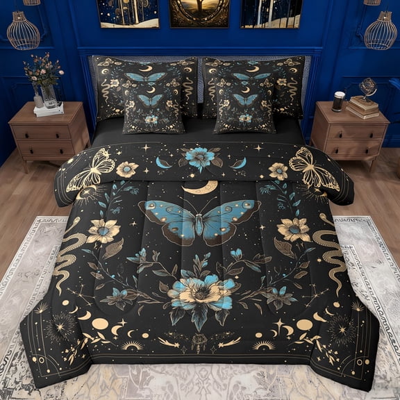 jejeloiu Chic Blue Moth 7-Piece Bedding Comforter Set,Vintage Country Floral King Bedding Sets,Gold Boho Snake Bed Sheets For Teens,Microfiber Bedroom Decor Reversible
