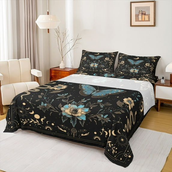 jejeloiu Chic Blue Moth Queen Sheet Sets,Vintage Country Floral Flat Sheet,Gold Boho Snake Queen Fitted Sheet For Teens,Microfiber Bedroom Decor,4-Piece
