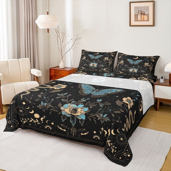 jejeloiu Chic Blue Moth Twin Sheet Sets,Vintage Country Floral Twin Fitted Sheet,Gold Boho Snake Flat Sheet For Teens,Microfiber Bedroom Decor,3 Pieces