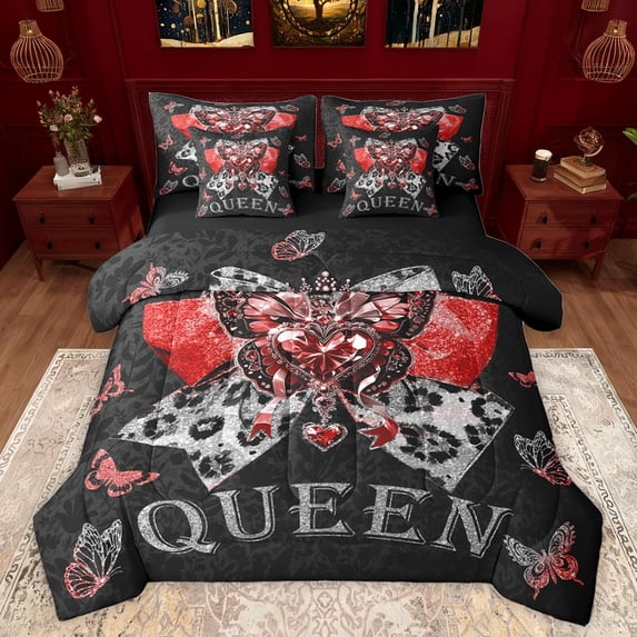jejeloiu Bohemian Butterfly 7-Piece Twin Bedding Set,Cheetah Bowknot Red Black,Breathable Reversible Decor