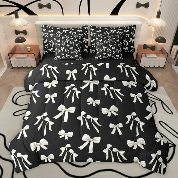 jejeloiu Chic Bow Knot 7-Piece Bedding Comforter Set,Kawaii Cartoon Bowtie King Bedding Sets,Silver Black Bed Sheets For Girls Teens,Super Cozy Room Decor Reversible