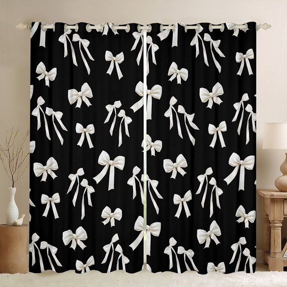 jejeloiu Chic Bow Knot Curtains Pack of 2 (42x84 Each),Kawaii Cartoon Bowtie Curtains Blackout,Silver Black Bedroom Curtains For Girls Teens,Super Cozy Room Decor
