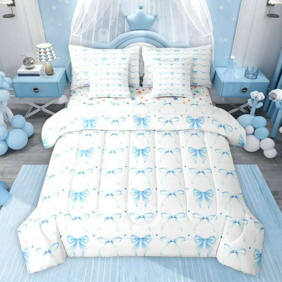 jejeloiu Chic Bow Ribbon 7-Piece Bedding Comforter Set,Blue White King Bedding Sets For Bowknot Lover Reversible