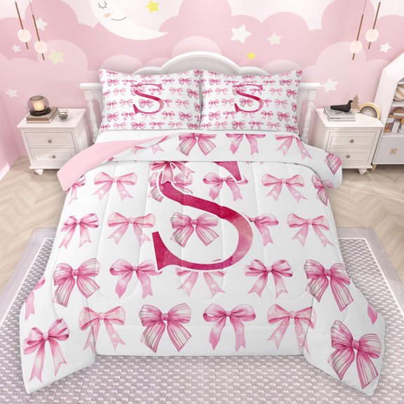 jejeloiu Chic Bow Ribbon Queen Comforter Set,Girls Pink Bowknot Bedding Sets,First Letter S Bedding Comforter Set For Girls,Super Cozy Room Decor Reversible,3 Pieces