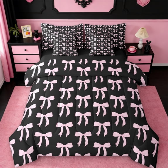 jejeloiu Chic Bow Tie 7 Pieces Bedding Comforter Set,Pink Ribbon Bowknot Full Bedding Set For Girl Teens Reversible