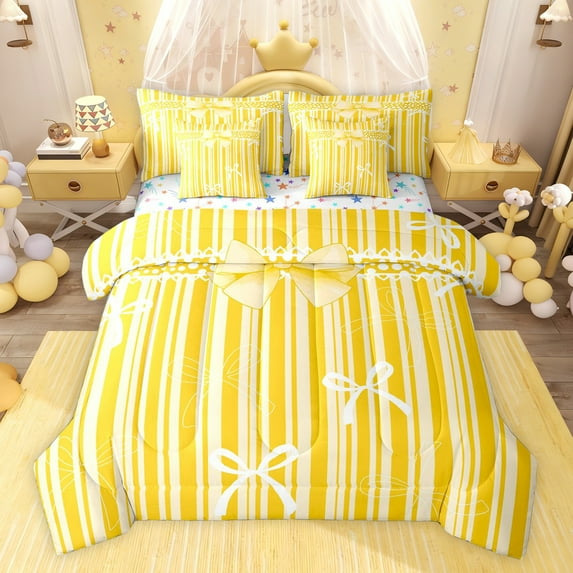 jejeloiu Chic Bow Tie 7pcs Bedding Comforter Set,Yellow Geometric Lines Queen Bedding Sets For Girl Teens Reversible