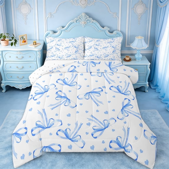 jejeloiu Chic Bow Tie Full Size Comforter Sets,Blue Bowknot Heart Print Bedding Sets For Girl Teens Reversible 3-Piece