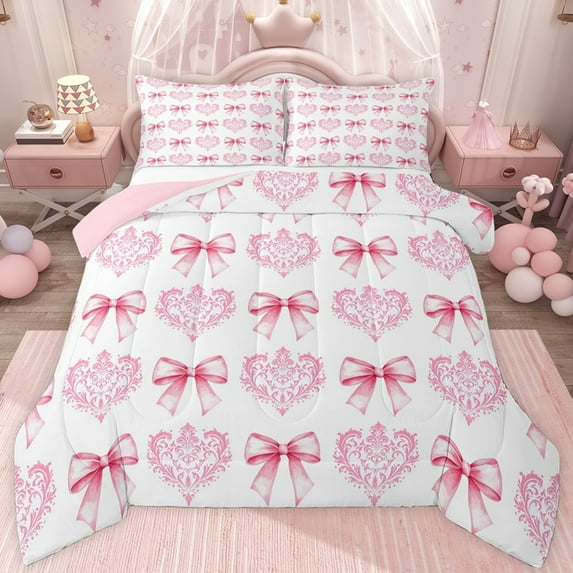 jejeloiu Chic Bow Tie Twin Comforter Sets,Pink Damask Flower Bedding Set For Girl Teens Reversible 2-Piece