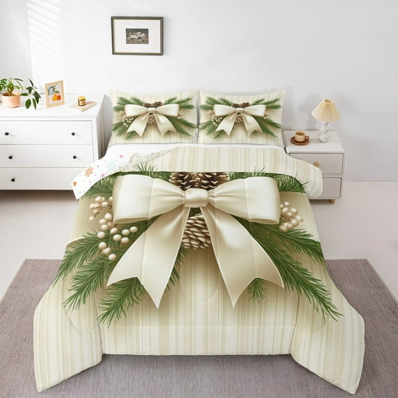 jejeloiu Chic Bowtie Bow Full Size Comforter Sets,Country Pine Cone Bedding Comforter Set,Happy Christmas Bedding Sets For Girls,Microfiber Bedroom Decor Reversible,3pcs