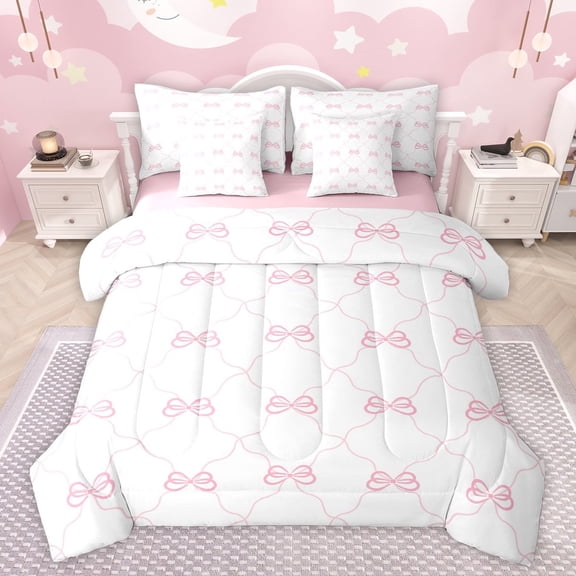 jejeloiu Chic Bowtie Bowknot 7-Piece Twin Bedding Sets,Cute Bow Bedding Comforter Set,Pink White Sheet Sets For Girls,Luxury Bedroom Decor Reversible