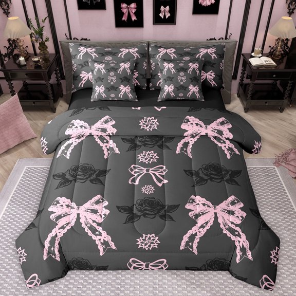 jejeloiu Chic Bowtie Bowknot 7-Piece Twin Bedding Sets,Rustic Floral Bedding Comforter Set,Pink Black Gray Sheet Sets For Girls,Luxury Bedroom Decor Reversible
