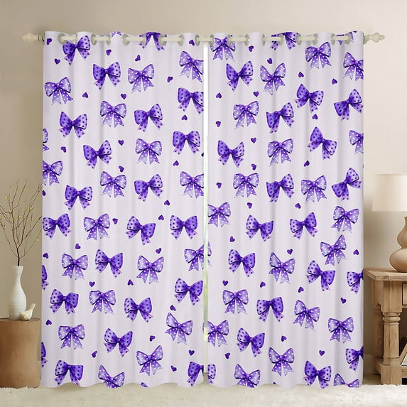 jejeloiu Chic Bowtie Bowknot Blackout Curtains Set of 2 (52x84 Each),Cute Polka Dots Window Curtains,Purple Heart Loves Curtains and Drapes For Girls,Luxury Bedroom Decor