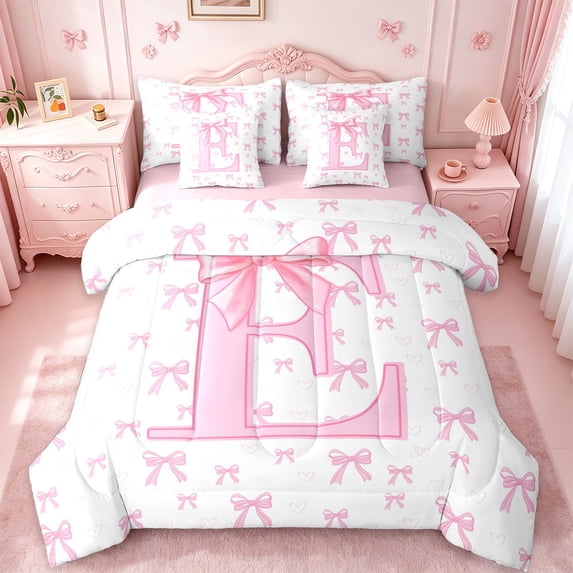 jejeloiu Chic Bowtie Ribbon 7-Piece Twin Bedding Sets,Pink Bow Knot Bedding Comforter Set,First Letter E Sheet Sets For Girls,Super Cozy Room Decor Reversible