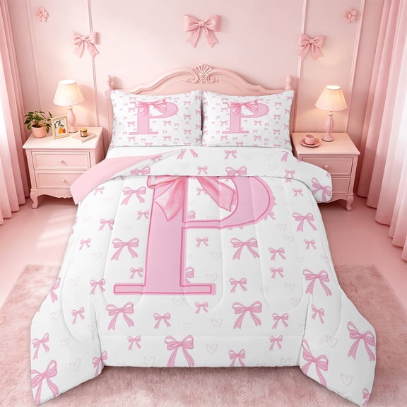 jejeloiu Chic Bowtie Ribbon Bedding Comforter Set,Pink Bow Knot Twin Comforter Sets,First Letter P Bedding Set For Girls,Super Cozy Room Decor Reversible,2pcs