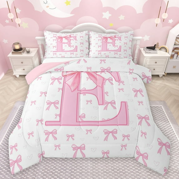 jejeloiu Chic Bowtie Ribbon Full Size Comforter Sets,Pink Bow Knot Bedding Comforter Set,First Letter E Bedding Sets For Girls,Super Cozy Room Decor Reversible,3 Pieces
