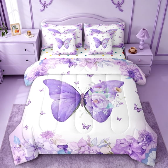jejeloiu Chic Butterflies 7-Piece Twin Bedding Sets,Rustic Flower Floral Bedding Comforter Set,Purple White Sheet Sets For Kids,Luxury Bedroom Decor Reversible