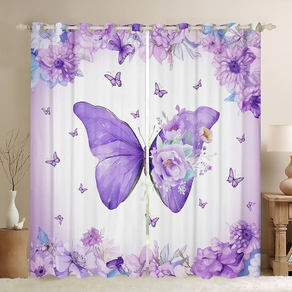 jejeloiu Chic Butterflies Black Out Curtains,Rustic Flower Floral Curtains Pack of 2 (42x63 Each),Purple White Bedroom Curtains For Kids,Luxury Bedroom Decor