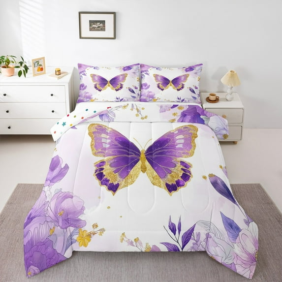jejeloiu Chic Butterflies Full Size Comforter Sets,Retro Rustic Flower Floral Bedding Comforter Set,Gold Glitter Print Bedding Sets For Kids,Luxury Bedroom Decor Reversible,3pcs