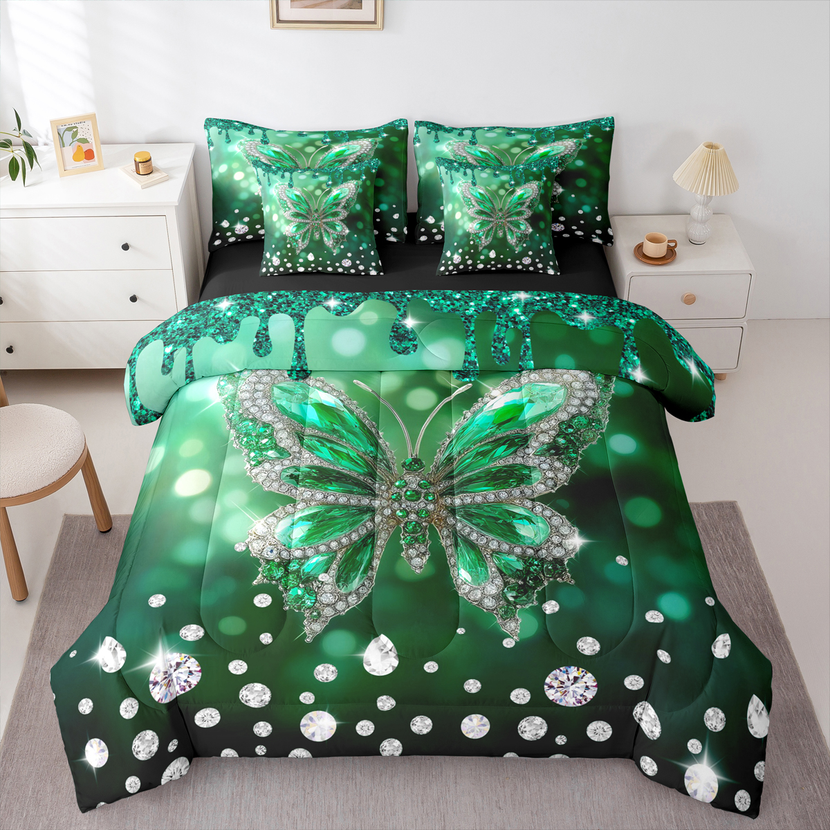 jejeloiu Chic Butterfly 7 Pieces Bedding Comforter Set,Diamond Moth Full Bedding Set,Green Sliver Fitted Sheet Flat Sheet For Girls Kids,Luxury Bedroom Decor Reversible