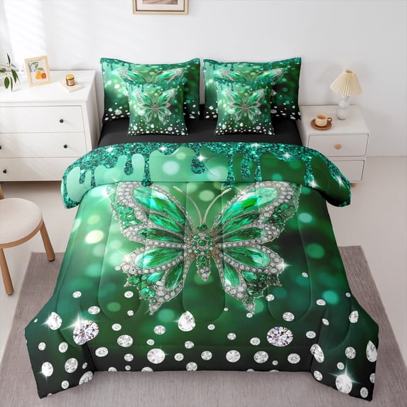 jejeloiu Chic Butterfly 7 Pieces Bedding Comforter Set,Diamond Moth Full Bedding Set,Green Sliver Fitted Sheet Flat Sheet For Girls Kids,Luxury Bedroom Decor Reversible