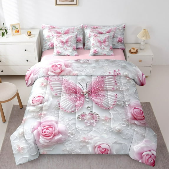 jejeloiu Chic Butterfly Bedding Comforter Set 7 Pieces,Romantic Flower Floral Full Bedding Set,Pink White Fitted Sheet Flat Sheet Girls,Super Cozy Room Decor Reversible