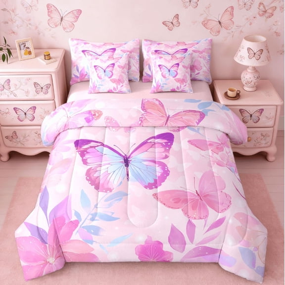 jejeloiu Chic Butterfly Bedding Comforter Set 7pcs,Pink Plant Leaves Queen Bedding Sets,Butterflies Silhouette Queen Sheet Sets For Girls,Luxury Bedroom Decor Reversible