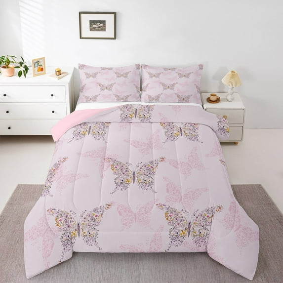jejeloiu Chic Butterfly Bedding Comforter Set,Rustic Flower Floral Twin Comforter Sets,Pink Purple Bedding Set For Girls,Super Cozy Room Decor Reversible,2 Pieces