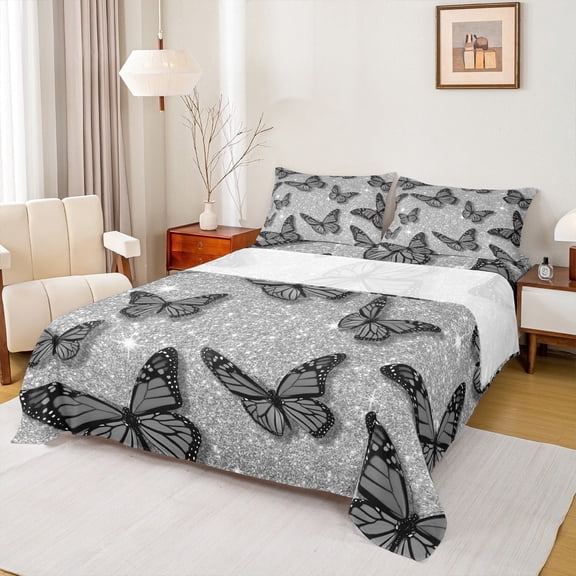 jejeloiu Chic Butterfly Full Size Sheets,Glitter Print Bed Sheets,Dreamy Gray Black Sheet Sets For Girls,Microfiber Bedroom Decor,4pcs