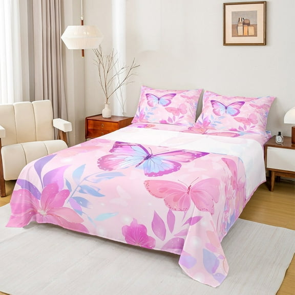 jejeloiu Chic Butterfly Queen Sheet Sets,Pink Plant Leaves Flat Sheet,Butterflies Silhouette Queen Fitted Sheet For Girls,Luxury Bedroom Decor,4 Pieces