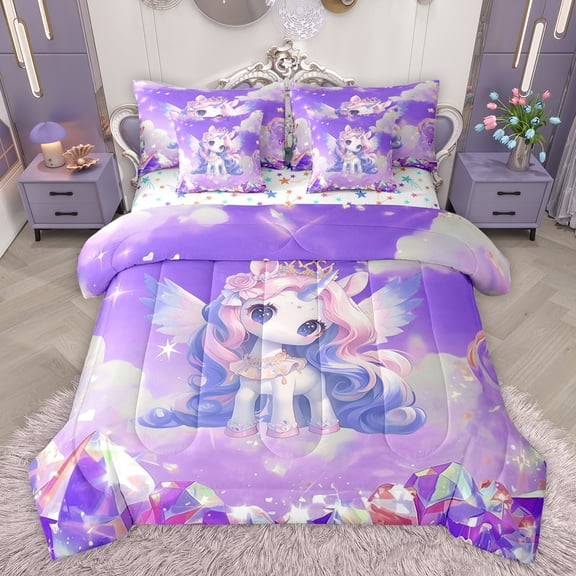 jejeloiu Chic Cartoon Unicorn 7 Pieces Bedding Comforter Set,Fairy Tale Theme Full Bedding Set,3D Diamond Fitted Sheet Flat Sheet For Kids,Luxury Bedroom Decor Reversible