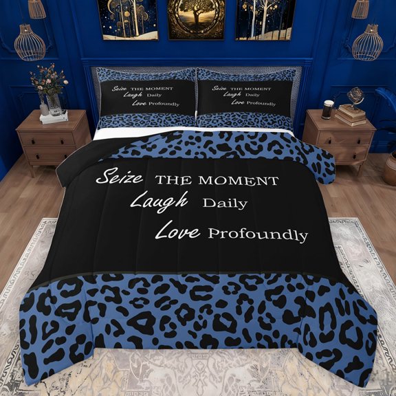 jejeloiu Chic Cheetah Pattern Queen Comforter Set,Wildlife Animals Leopard Bedding Sets,Black Deepblue Bedding Comforter Set For Kids,Ultra Soft Home Decor Reversible,3pcs