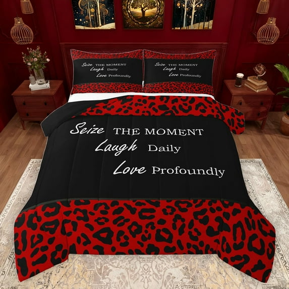 jejeloiu Chic Cheetah Pattern Queen Comforter Set,Wildlife Animals Leopard Bedding Sets,Red Black Bedding Comforter Set For Kids,Ultra Soft Home Decor Reversible,3-Piece