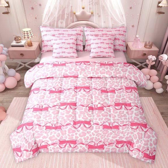 jejeloiu Chic Cheetah Print 7pcs Bedding Comforter Set,Pink Cute Bowknot Queen Bedding Sets For Girls Teens Reversible