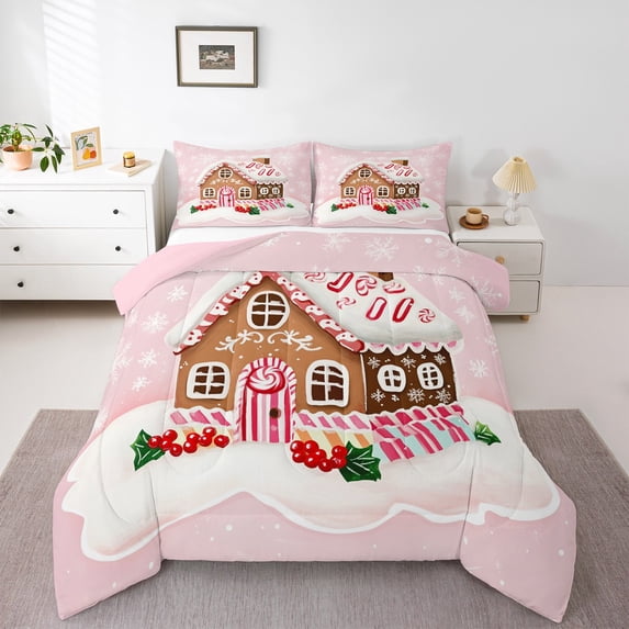 jejeloiu Chic Christmas Castle Full Size Comforter Sets,Happy New Year Bedding Comforter Set,Xmas Theme Bedding Sets For Girls,Breathable Room Decor Reversible,3pcs