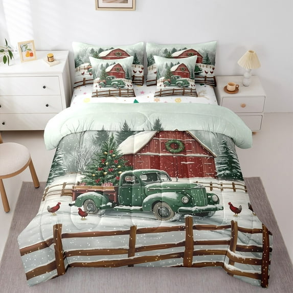 jejeloiu Chic Christmas Tree Bedding Comforter Set 7-Piece,Western Farmhouse Cabin King Bedding Sets,Green Xmas Truck Bed Sheets For Girl,Red White Home Decor Reversible