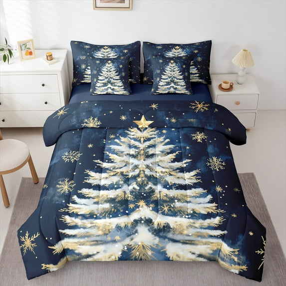 jejeloiu Chic Christmas Tree Bedding Comforter Set 7 Pieces,Happy New Year Full Bedding Set,Merry Xmas Snowflake Fitted Sheet Flat Sheet For Children,Microfiber Bedroom Decor Reversible