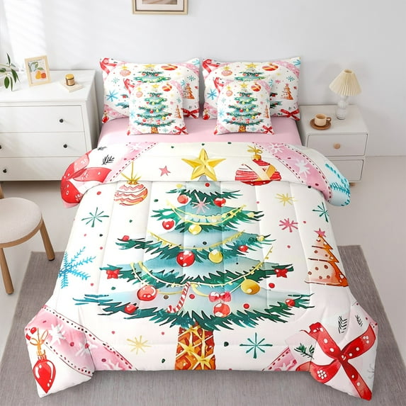jejeloiu Chic Christmas Tree Bedding Comforter Set 7pcs,Colorful Xmas Ball Queen Bedding Sets,Rainbow Snowflake Queen Sheet Sets For Girls,Microfiber Bedroom Decor Reversible