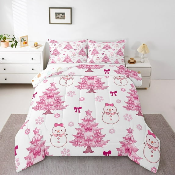 jejeloiu Chic Christmas Tree Bedding Comforter Set,Happy New Year Twin Comforter Sets,Pink Bow Knot Bedding Set For Children,Lightweight Room Decor Reversible,2-Piece