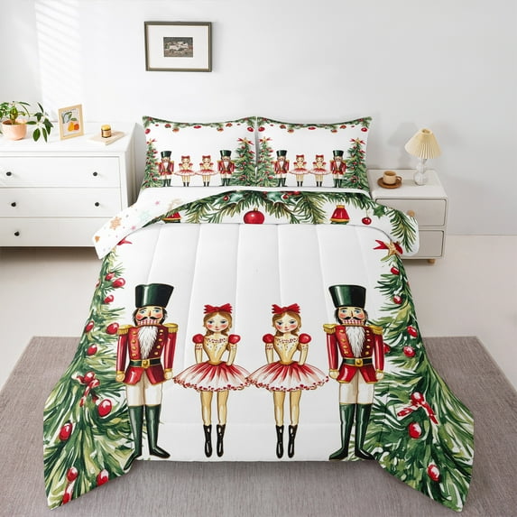 jejeloiu Chic Christmas Tree Bedding Comforter Set,Red Breey Twin Comforter Sets,Christmas Nutcraker Soldier Bedding Set For Teens,Ultra Soft Home Decor Reversible,2pcs