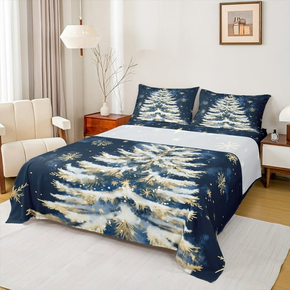 jejeloiu Chic Christmas Tree Full Size Sheets,Happy New Year Bed Sheets,Merry Xmas Snowflake Sheet Sets For Children,Microfiber Bedroom Decor,4pcs