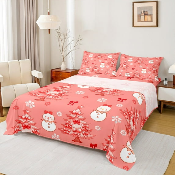 jejeloiu Chic Christmas Tree Full Size Sheets,Happy New Year Bed Sheets,Orange Bow Knot Sheet Sets For Children,Lightweight Room Decor,4pcs
