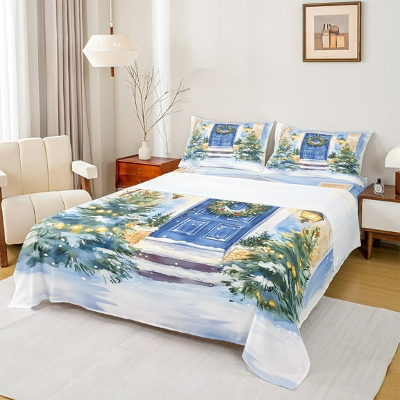 jejeloiu Chic Christmas Tree Twin Sheet Sets,Marry Xmas Twin Fitted Sheet,Happy New Year Flat Sheet For Girls Boys,Microfiber Bedroom Decor,3pcs