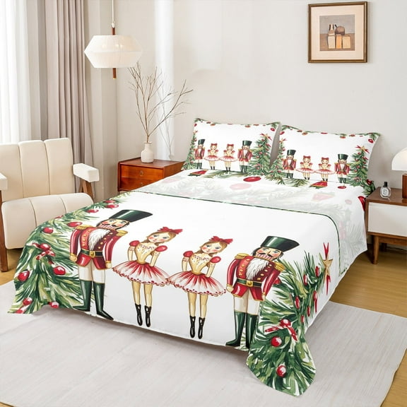 jejeloiu Chic Christmas Tree Twin Sheet Sets,Red Breey Twin Fitted Sheet,Christmas Nutcraker Soldier Flat Sheet For Teens,Ultra Soft Home Decor,3pcs