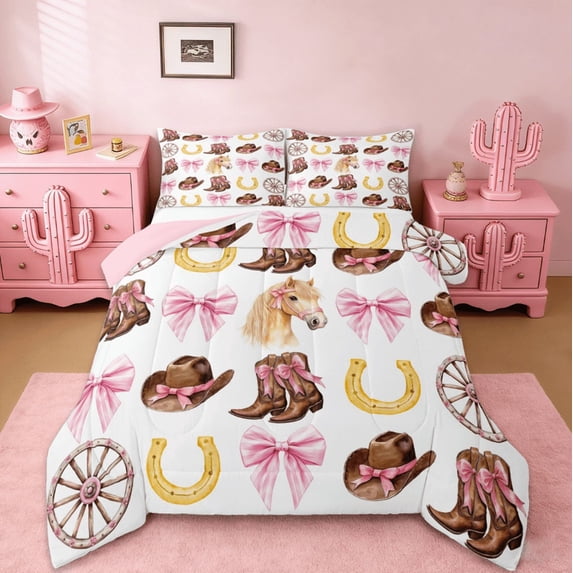 jejeloiu Chic Cowgirl Boots Bedding Comforter Set,Kawaii Bow Knot Twin Comforter Sets,Horse Horseshoe Bedding Set For Children,Ultra Soft Bedroom Decor Reversible,2 Pieces