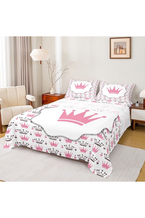 Chic Crown Queen Sheet Sets,Fairy Tale Princess Flat Sheet,Pink Heart Print Queen Fitted Sheet For Girls Kids,Ultra Soft Home Decor,4pcs