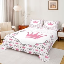 jejeloiu Chic Crown Twin Sheet Sets,Fairy Tale Princess Twin Fitted Sheet,Pink Heart Print Flat Sheet For Girls Kids,Ultra Soft Home Decor,3-Piece