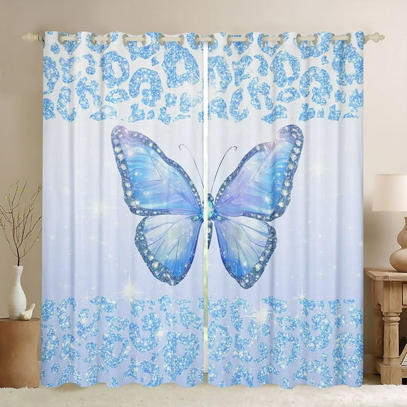 jejeloiu Chic Diamond Butterflies Blackout Curtains Set of 2 (52x84 Each),Cheetah Pattern Window Curtains,Blue Sequin Print Curtains and Drapes For Girls,Breathable Home Decor